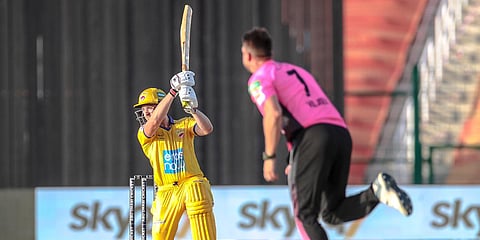 Abu Dhabi's Jamie Overton scores a boundary against Pune Devils. (Photo| Twitter)