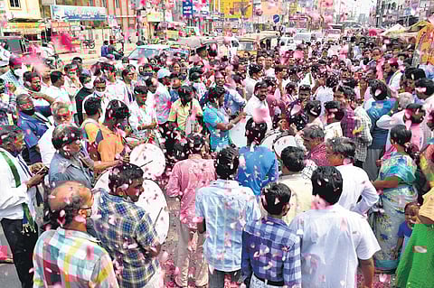 Candidates and their supporters take out a rally to a panchayat office near Vijayawada | Prasant M