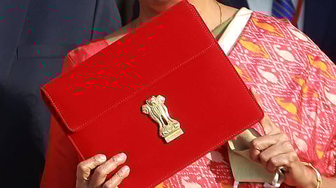 Finance Minister Nirmala Sitharaman with the tab ahead of presenting the Union Budget during a previous budget session. 