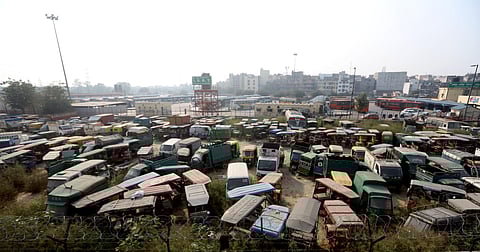 15-year old petrol cars and 10-year old diesel vehicles, impounded following a court order, parked in a field at Sarai Kale Khan in New Delhi. (File photo | EPS)