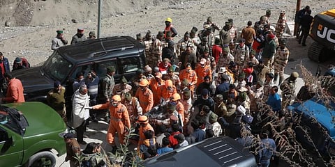 Rescue operations underway near the damaged Dhauliganga hydropower project after a glacier broke off in Joshimath causing a massive flood in Chamoli of Uttarakhand. (Photo | Shekhar Yadav, EPS)