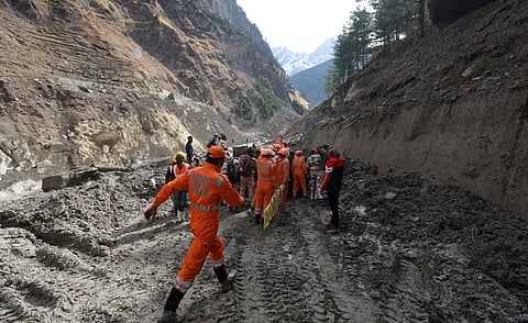 Rescue operations underway near the damaged Dhauliganga hydropower project after a glacier broke off in Joshimath causing a massive flood in Chamoli district. (Photo | Shekhar Yadav, EPS)
