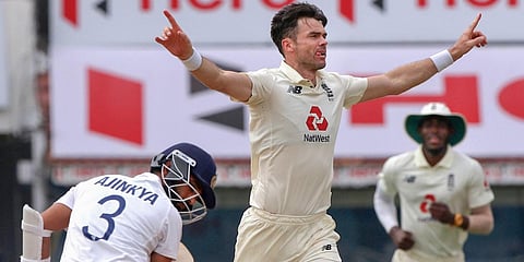 England's James Anderson celebrates the wicket of India's Ajinkya Rahane during Day 5 of the first Test match. (Photo| Twitter/ @ECB)