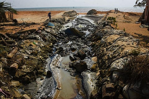 A drainage that took the leaked oil from the furnace to the sea, near Travancore Titanium Products Ltd in Kochu Veli. (Photo | B P Deepu, EPS)