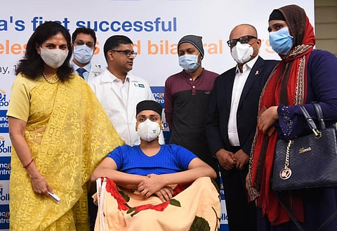 A 15-year-old cancer patient from Bangladesh who was treated with a new technique seen with Preetha Reddy, Vice-Chairperson, Apollo Hospitals (Photo | R Satish Babu)