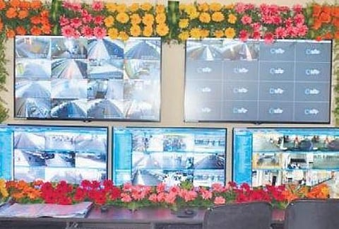 CCTV camera live feeds are displayed on multiple screens at the Railway Protection Force control room for monitoring