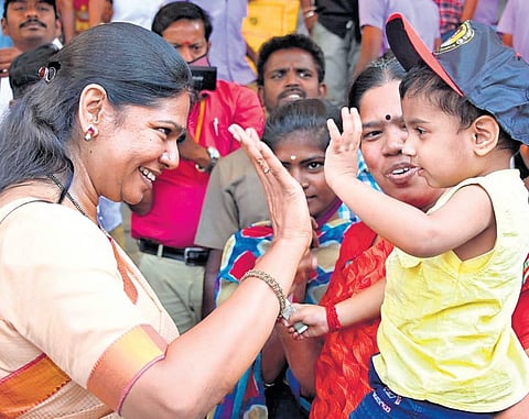DMK MP Kanimozhi during an election campaign in Tirupur on Friday | Express