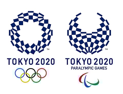 This image released Monday, April 25, 2016 by The Tokyo Organising Committee of the Olympic and Paralympic Games shows the new official logos of the 2020 Tokyo Olympics, left, and the 2020 Tokyo Paral