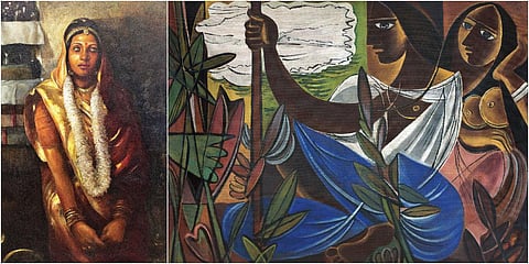 An Unknown Bride by Bikash Bhattacharjee (L) and Untitled (Two women Amid Plants) by George Keyt. (Photo| EPS)