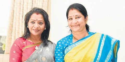 Newly elected Hyderabad Mayor G Vijaya Lakshmi (L) and her Deputy M Srilatha Reddy are all smiles at Pragathi Bhavan.