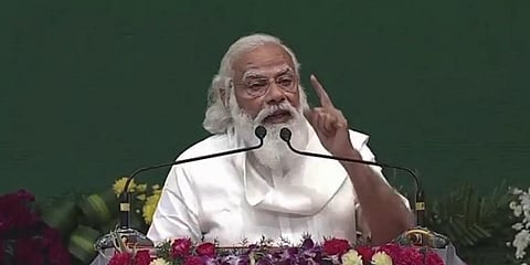 Modi addresses gathering at Nehru Indoor stadium in Chennai. (Photo | Twitter)