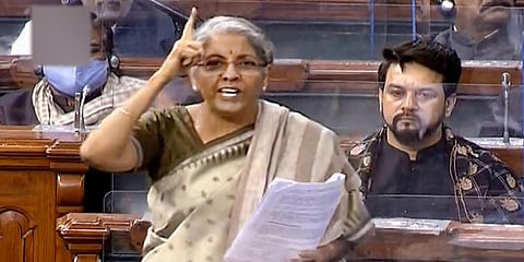 Finance Minister Nirmala Sitharaman speaks in the Lok Sabha during ongoing Budget Session of Parliament in New Delhi. (Photo| LSTV screengrab)