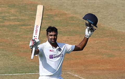 Indian player Ashwin celebrates after scoring hundred during the 3rd day of second cricket test against England, at M.A. Chidambaram Stadium, in Chennai, Monday. (Photo | bcci.tv)