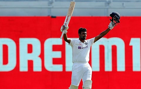 Indian player Ashwin celebrates after scoring hundred during the 3rd day of second cricket test against England, at M.A. Chidambaram Stadium, in Chennai, Monday. (Photo | BCCI/Twitter)