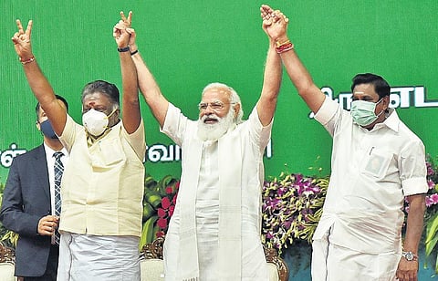 Prime Minister Narendra Modi with Chief Minister Edappadi K Palaniswami and Dy Chief Minister O Panneerselvam at a function in Chennai on Sunday | P JAWAHAR