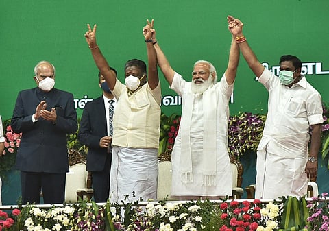 Prime Minister Narendra Modi, TN Chief Minister Edappadi K Palaniswami and Deputy Chief Minister O Panneerselvam during the function held in Chennai. (Photo | P Jawahar, EPS)