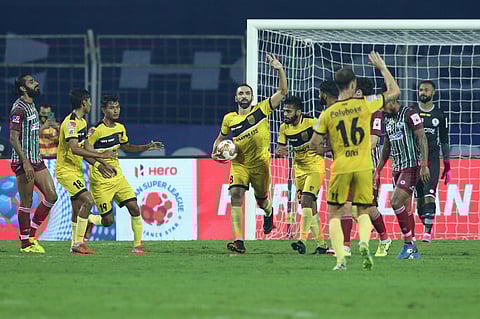 Hyderabad FC players seen celebrating during an ISL match. (Photo | ISL media)
