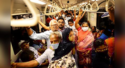Passengers in a metro train on Washermanpet - Wimco Nagar stretch, after the phase I extension of Metro Rail was inaugurated by PM on Sunday | Debadatta Mallick