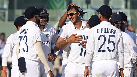 Left-arm spinner Axar Patel claimed a five-wicket haul on his Test debut. (Photo | BCCI)