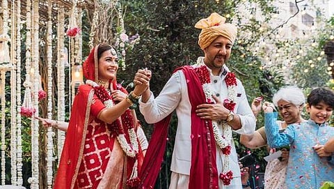 Actor Dia Mirza with her husband and businessman Vaibhav Rekhi at the wedding ceremony. (Photo | Instagram/@diamirzaofficial)