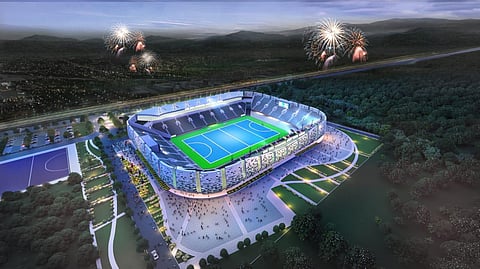 The proposed design of the world class hockey stadium to be built at Rourkela (Photo | Special arrangement)