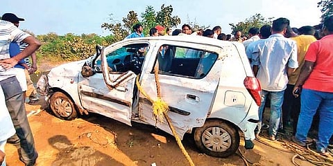 The car which plunged into the SRSP canal at Medipalli mandal on the outskirts of Jagtial district during the wee hours of Monday
