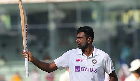 Indian player Ashwin celebrates after scoring hundred during the 3rd day of second cricket test against England, at M.A. Chidambaram Stadium, in Chennai, Monday. (Photo | bcci.tv)