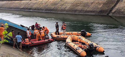 NDRF team carries out rescue operation after an overcrowded bus plunged into a canal in Sidhi district of Madhya Pradesh. (Photo| PTI)