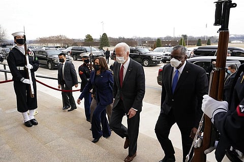 President Joe Biden and Vice President Kamala Harris walk with Joint Chiefs Chairman Gen. Mark Milley and Secretary of Defense Lloyd Austin at the Pentagon in Washington. (Photo | AP)