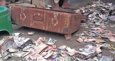 The termite-eaten currency notes found at Mylavaram on Tuesday | Express