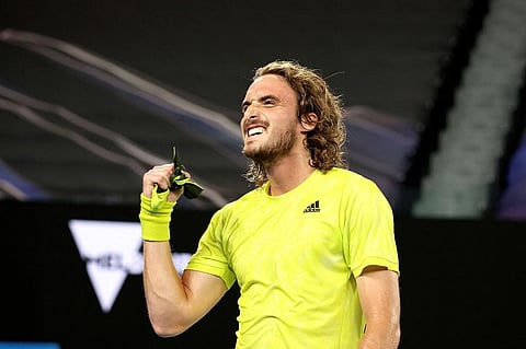 Greece's Stefanos Tsitsipas celebrates after winning against Spain's Rafael Nadal during their men's singles quarter-final match of Australian Open tennis tournament in Melbourne. (Photo | AFP)
