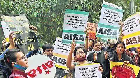 Students shout slogans against the arrest of climate activist Disha Ravi, outside Delhi Police headquarters. (Photo | Shekhar Yadav, EPS)