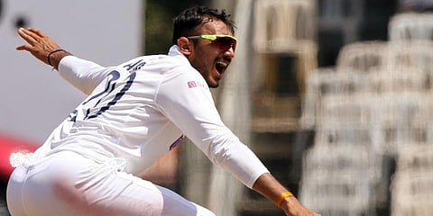 India's Axar Patel appeals for a wicket during the Test match between India and England. (Photo | ANI)