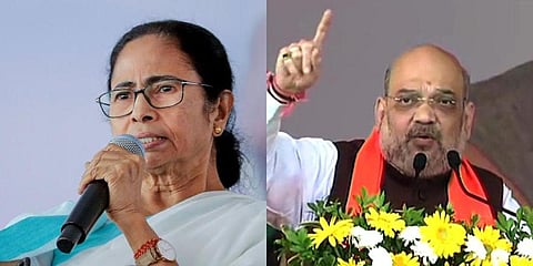 (L) West Bengal CM Mamata Banerjee and (R) Union Home Minister Amit Shah (Photos | PTI, ANI)