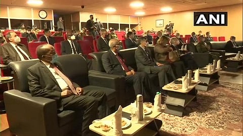 Foreign envoys' delegation that is visiting the union territory, briefed by Indian Army and J&K Police in Srinagar.. (Photo | Twitter/ANI)
