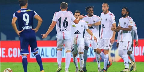 Deshorn Brown celebrates with his teammates. (Photo | Twitter @IndSuperLeague)