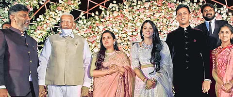 Karnataka Governor Vajubhai Vala at the wedding reception of KPCC president DK Shivakumar’s daughter  Aisshwarya with Amartya Hegde, and their families at Prestige Golfshire Club in Devanahalli.