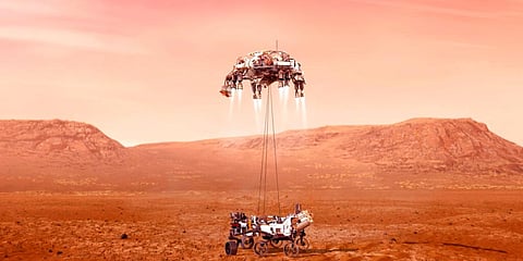 This illustration provided by NASA shows the Perseverance rover landing on Mars. (Photo | AP)