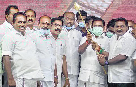 AIADMK members gifting a ‘vel’ to Chief Minister Edappadi K Palaniswami at Thoothukudi on Wednesday | V KARTHIKALAGU