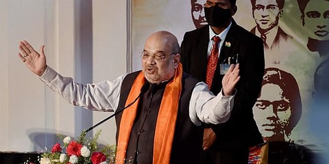 Union Home Minister Amit Shah addresses after inauguration of the 'Shauryanjali Programme' - a tribute to the Bengali revolutionaries in Kolkata. (Photo | PTI)