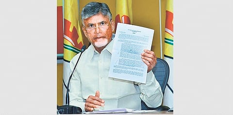 TDP national president N Chandrababu Naidu addressing the media at party office in Guntur on Thursday I Express