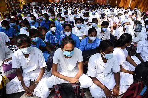 Members of Tamil Nadu Government Contract Nurses Welcome Association staged a hunger strike inside DMS in Chennai. (Photo | R Satish Babu, EPS)