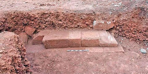 The base of a temple behind Sari Deula exposed by archaeologists. (Photo | EPS)