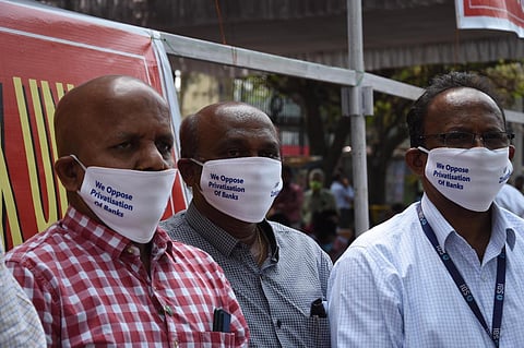 Employees of banking sector protest against privatisation of banks by Union Government in Hyderabad on Friday. (Photo | R V K Rao, EPS)