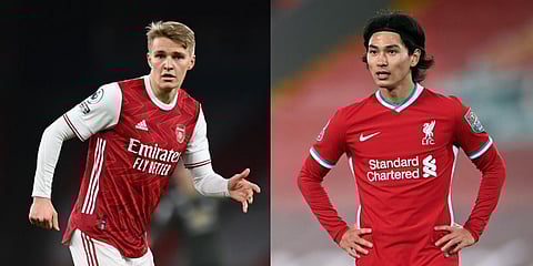 New Arsenal signing Martin Odegaard and new Southampton player Takumi Minamino (Photos | AFP)