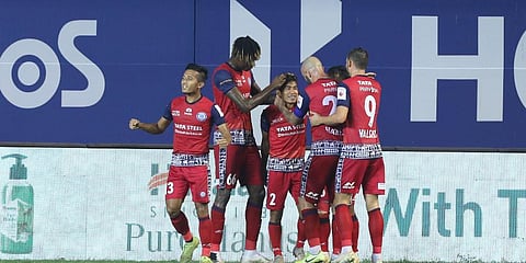 Jamshedpur FC players celebrate their opening goal against MCFC (Photo | ISL Media)