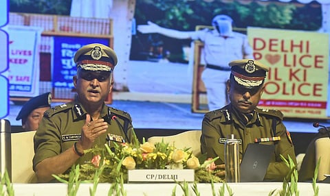Delhi Police Commissioner S N Shrivastava speaks during the Annual Press Conference, in New Delhi. (Photo | Parveen Negi, EPS)