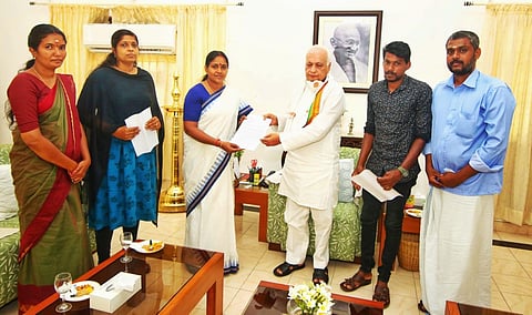 BJP state vice-president Sobha Surendran handing over a petition to GovernorArif Mohammed Khan at Raj Bhavan inThiruvananthapuram on Friday | Express