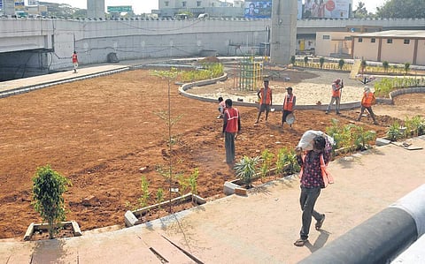 Gardening work being undertaken under the Metro Rail stretch near Kathipara flyover in Chennai. The place is expected to get a green facelift | Martin Louis