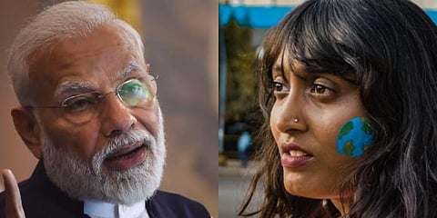 PM Narendra Modi (L) and Climate Activist Disha TRavi (R) (Photos | PTI, Facebook)
